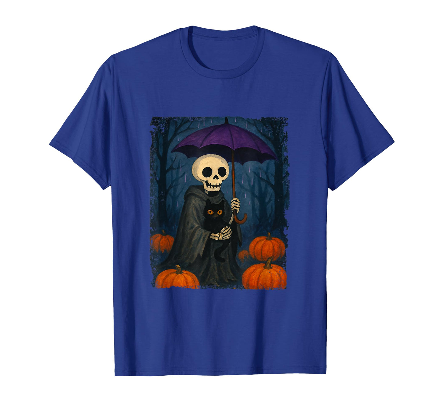 Skeleton Black Cat Purple Umbrella Pumpkin Halloween Design T-Shirt
