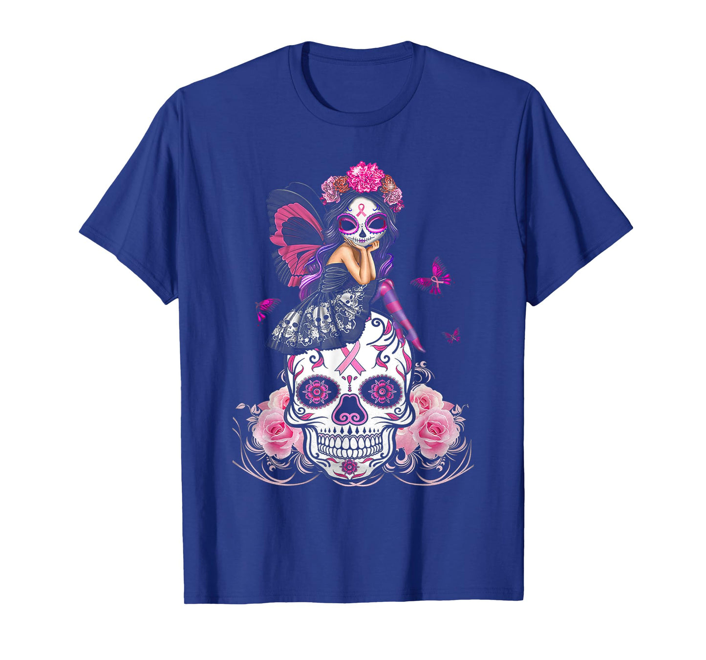 Fairy Sugar Skull Breast Cancer Butterfly Pink Ribbon Woman T-Shirt