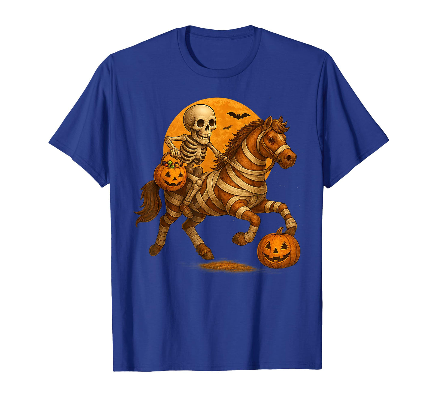 Skeleton Riding Mummy Horse Halloween Costume Funny Pumpkin T-Shirt
