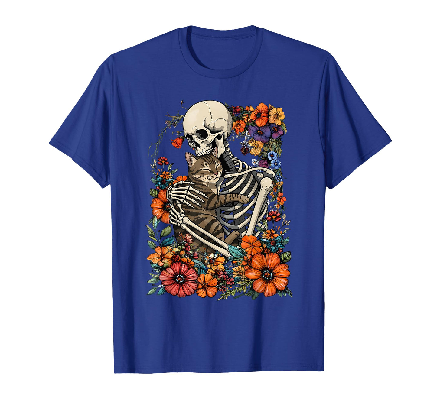 Skeleton Hugging Cat Floral Halloween Cats Lover Men Women T-Shirt