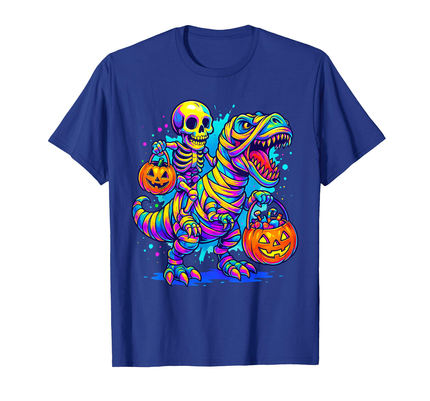 Skeleton Riding Mummy Dinosaur T rex Halloween Funny Pumpkin T-Shirt