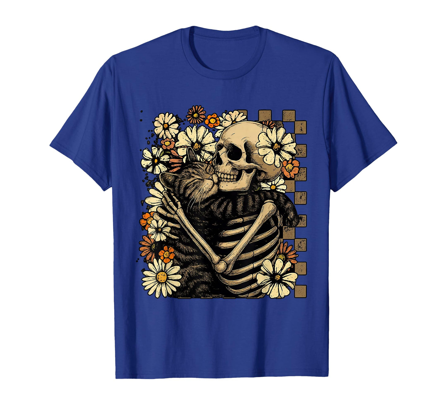 Retro Skeleton Hugging Cat Floral Halloween Cats Lover Fall T-Shirt