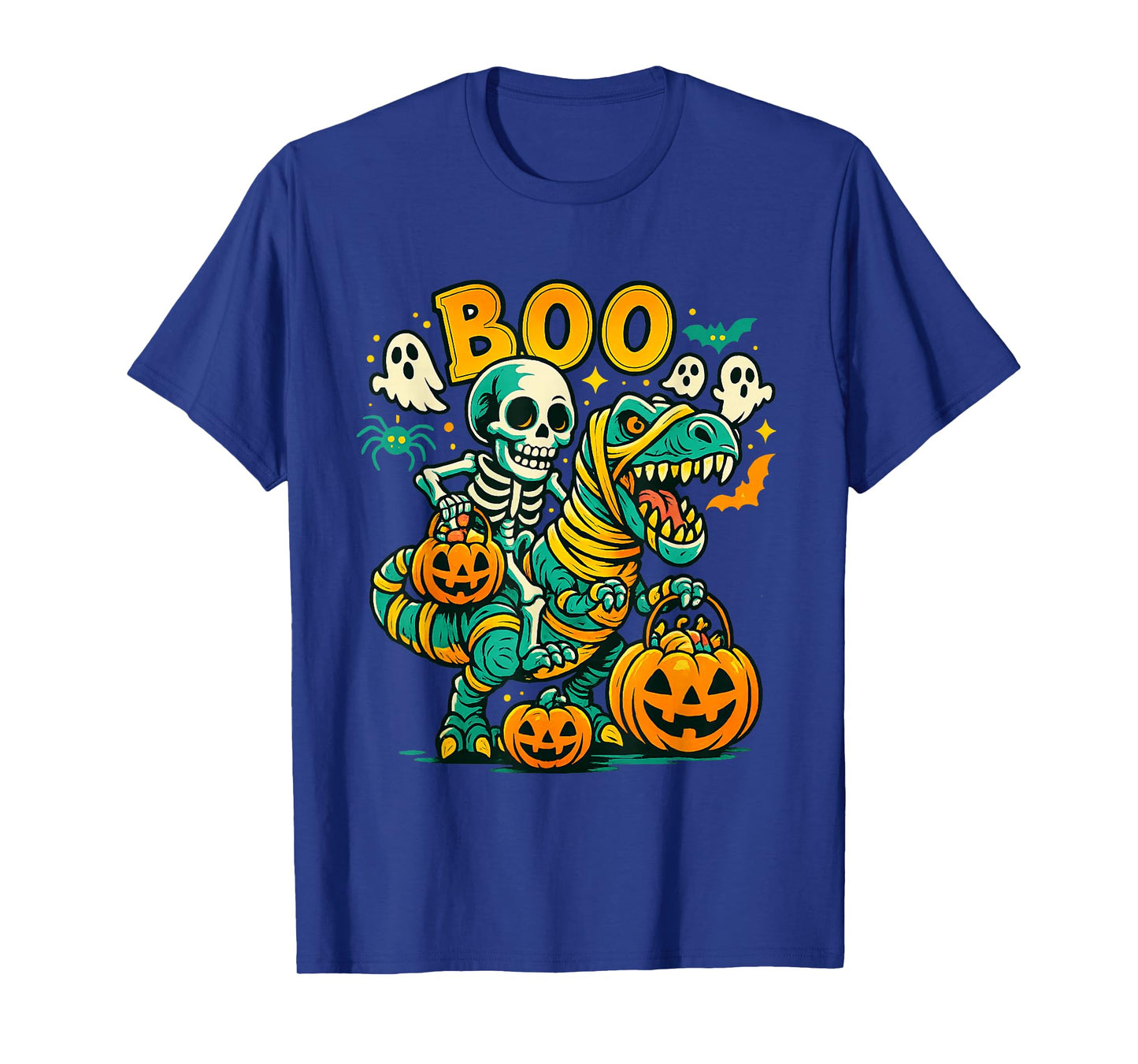 Skeleton Riding Dinosaur T Rex Scary Boo Pumpkin Halloween T-Shirt