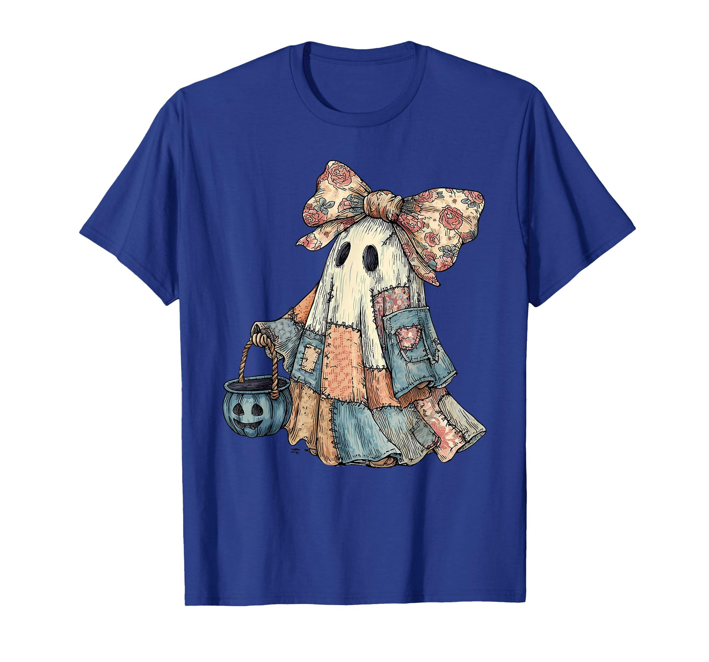 Vintage Preppy Blue Denim Patchwork Ghost Girly Halloween T-Shirt