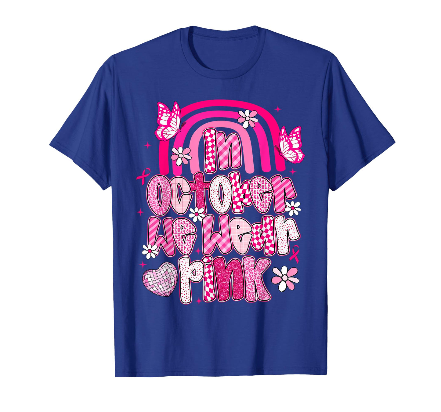 in October We Wear Pink Coquette Bow Breast Cancer Womens T-Shirt