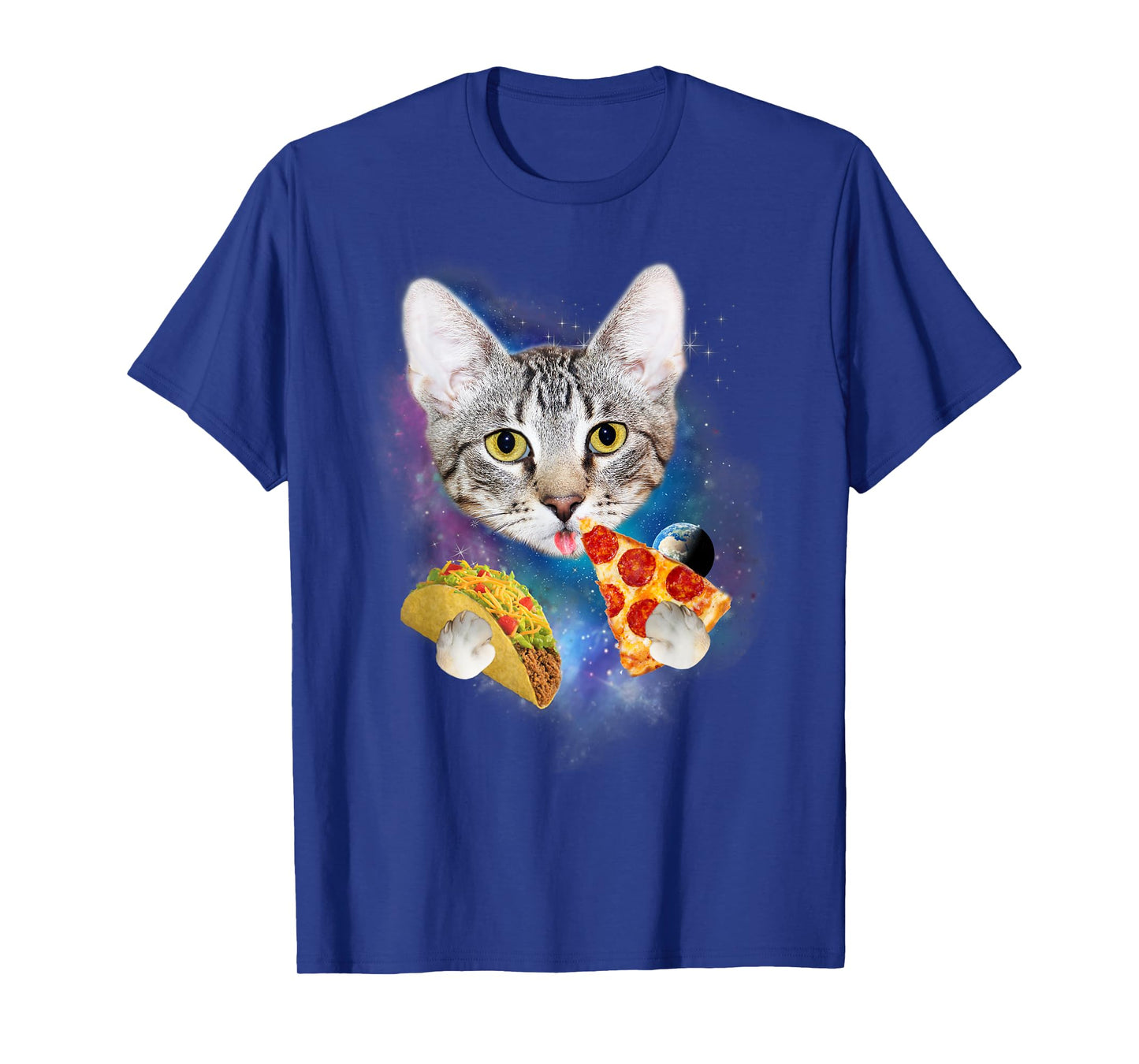 Funny Galaxy Cat Shirt | Space Cat Eat Pizza and Taco Shirt Men Women Kids T-Shirt