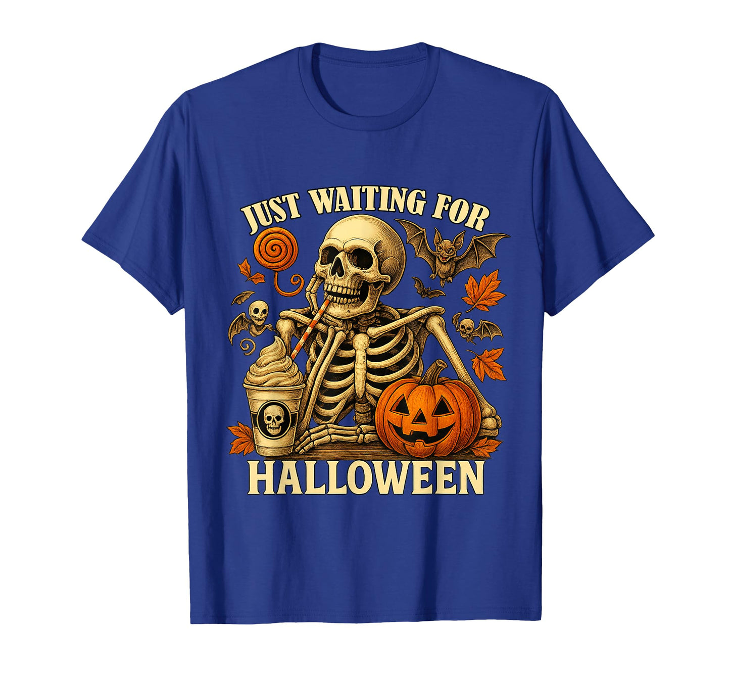 Just Waiting for Halloween Funny Skeleton Pumpkin T-Shirt
