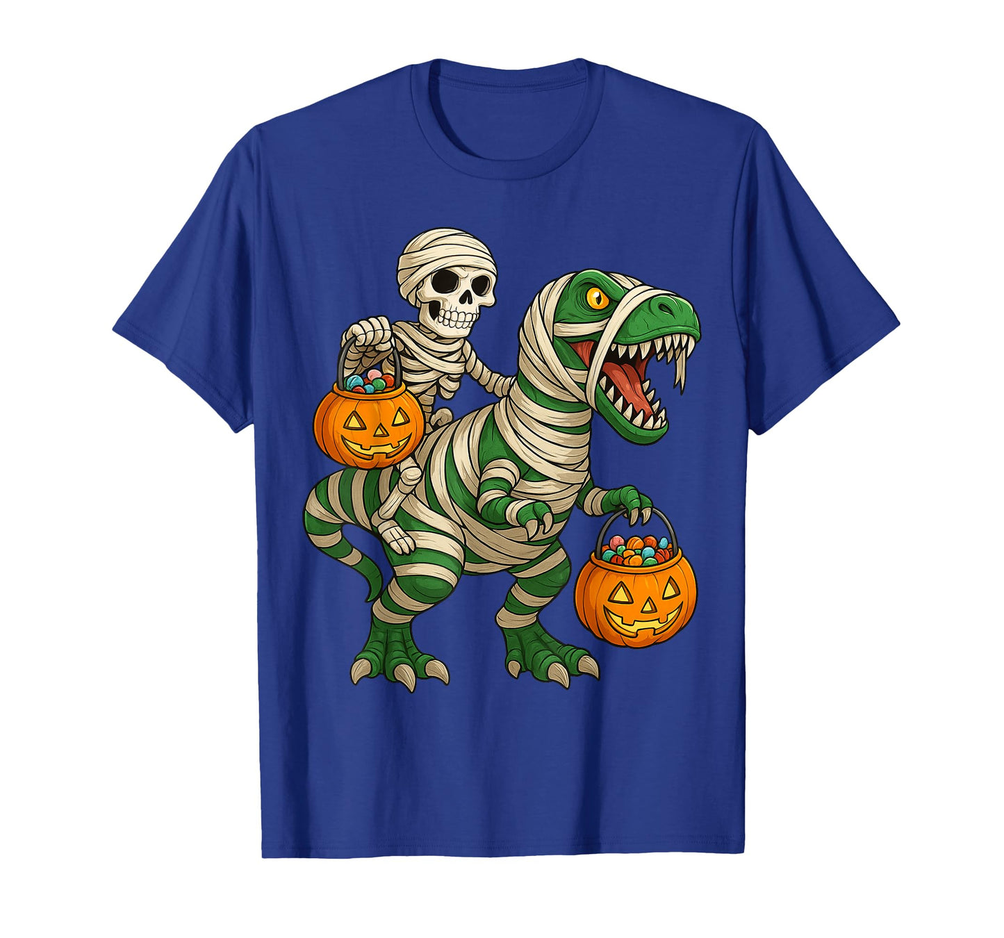 Skeleton Riding Mummy Dinosaur Funny Halloween Costume Kids T-Shirt