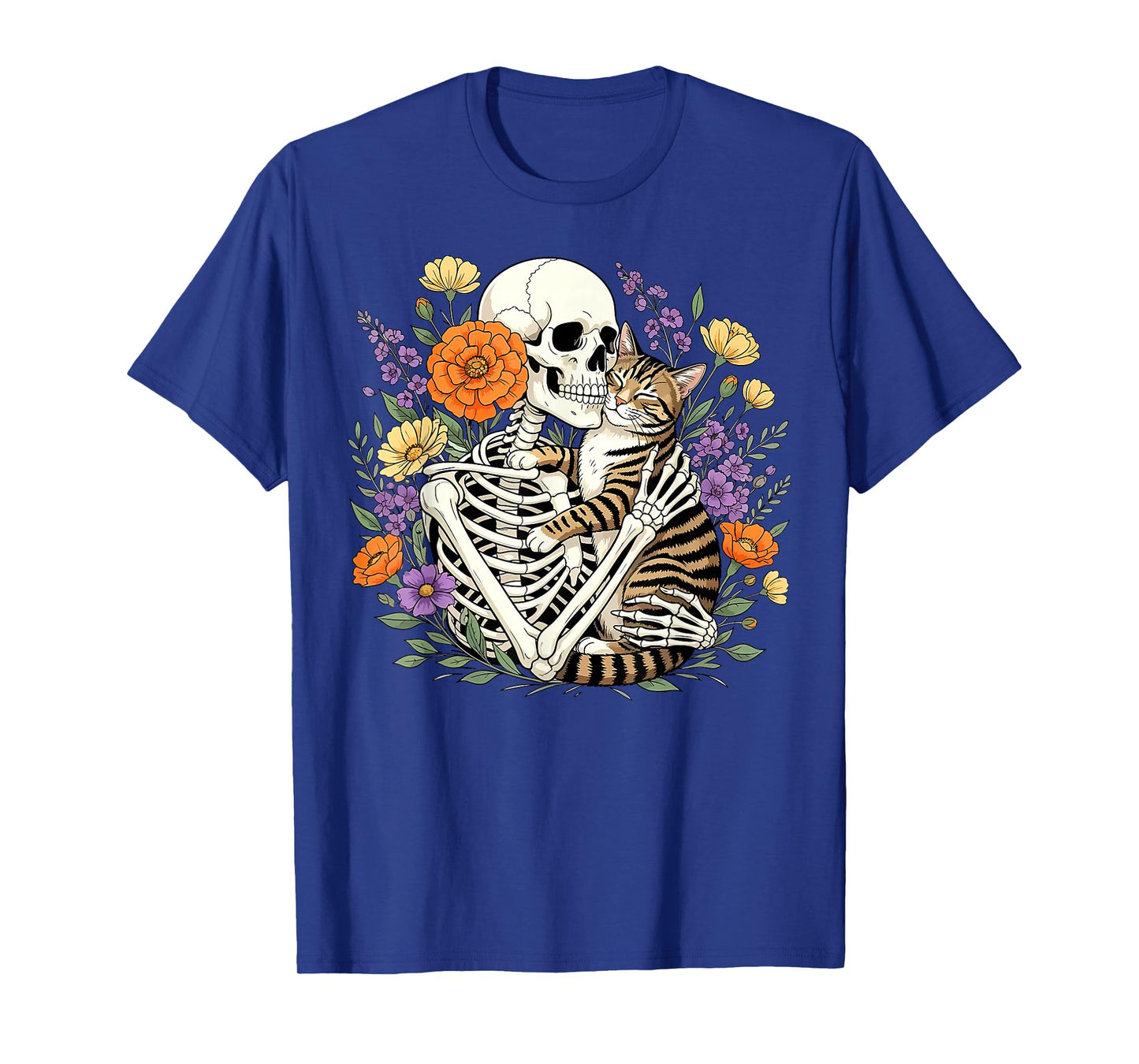 Skeleton Hugging Cat Floral Halloween Cats Lover T-Shirt