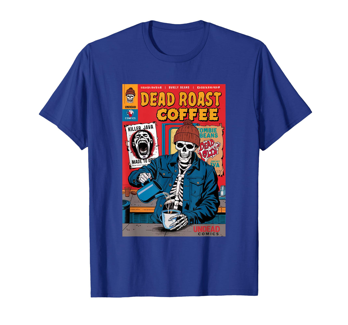 Dead Roast Coffee Comic Book Cover Style Skeleton Barista T-Shirt