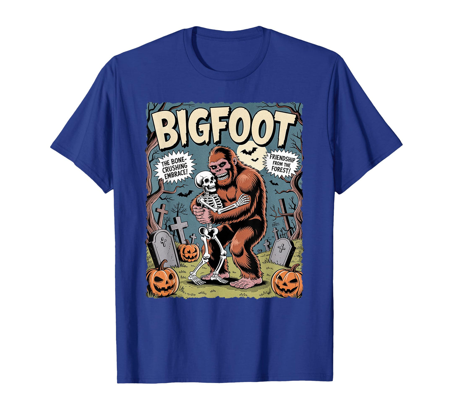 Funny Bigfoot Hugging a Skeleton Halloween Cryptid Comic T-Shirt
