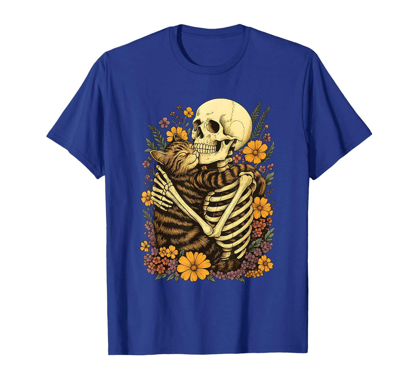 Skeleton Hugging Cat Floral Halloween Creepy Cute T-Shirt