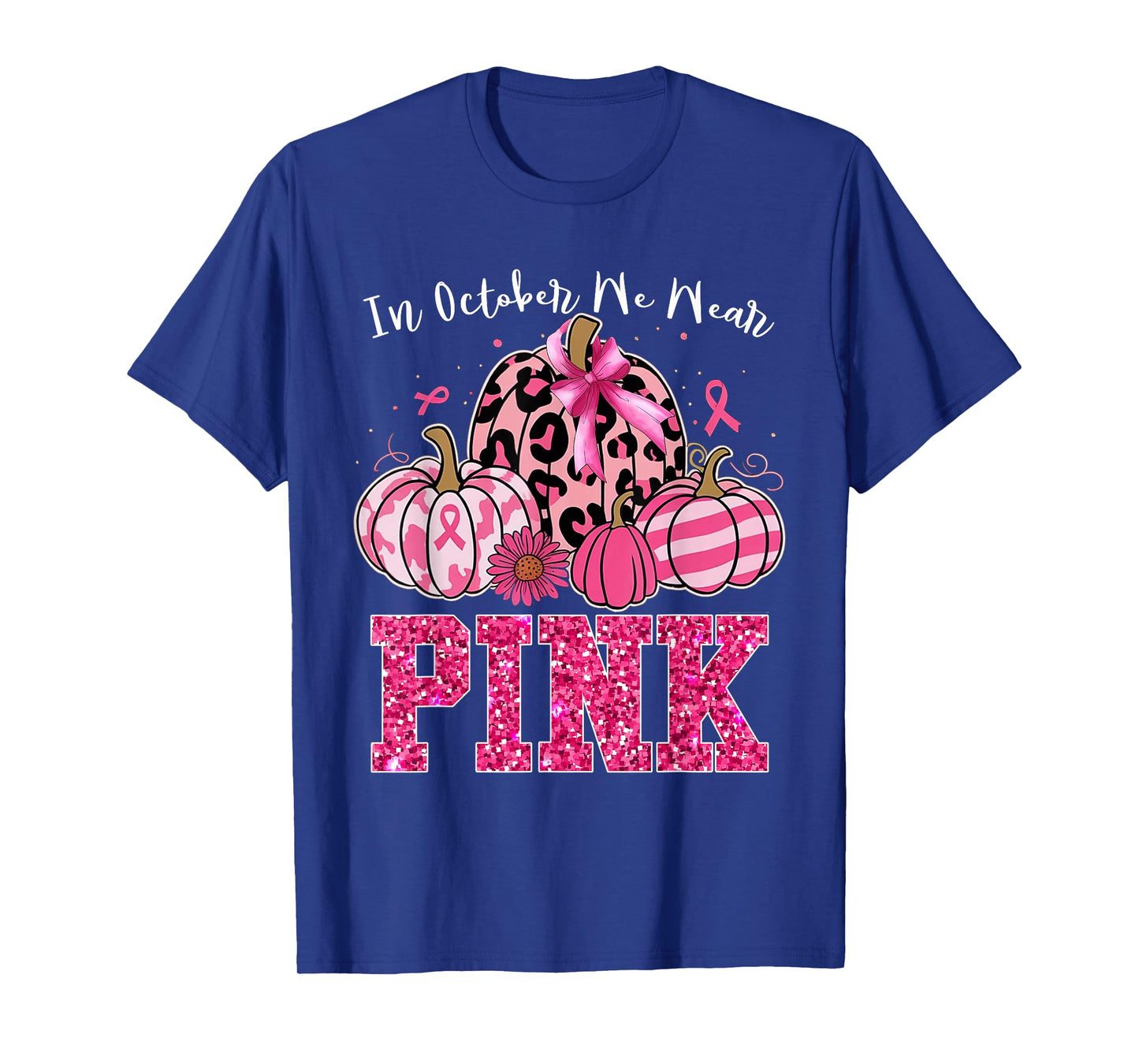 In October We Wear Pink Leopard Pumpkin Breast Cancer Gift T-Shirt