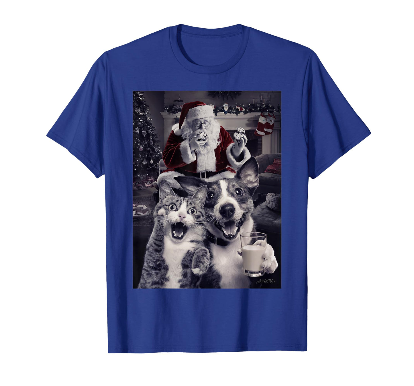 Funny Dog and Cat Selfie With Santa Christmas Men Women Girls Kids T-Shirt