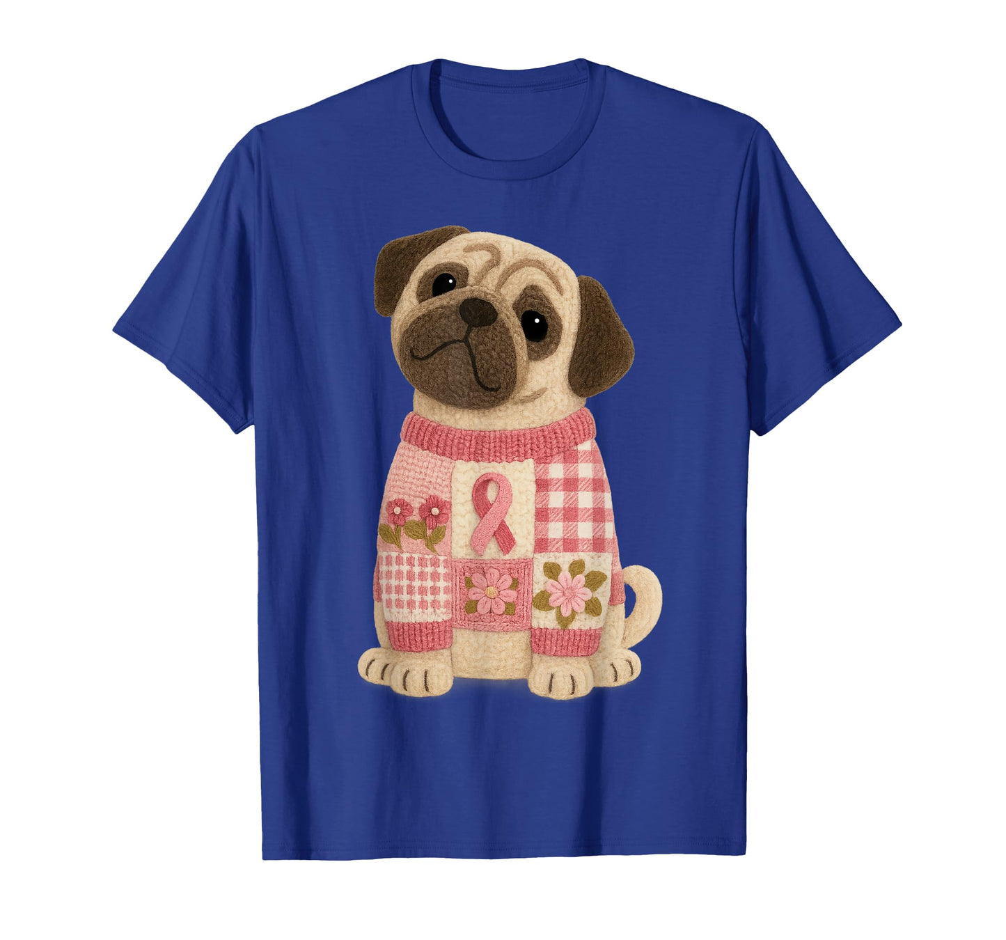 Pug Dog Pink Ribbon Breast Cancer Pattern Felt Art T-Shirt