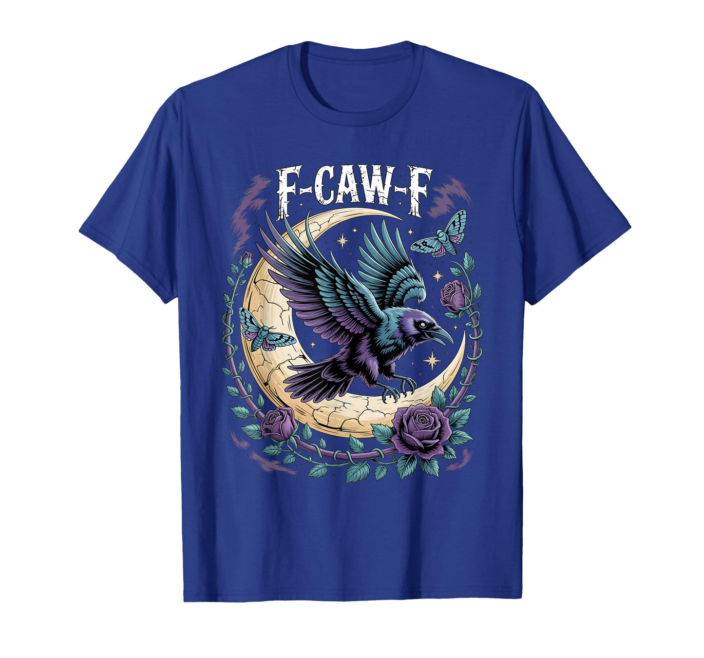 F CAW F Gothic Fly Raven Moon Face Rune Rose Fantasy Moth T-Shirt