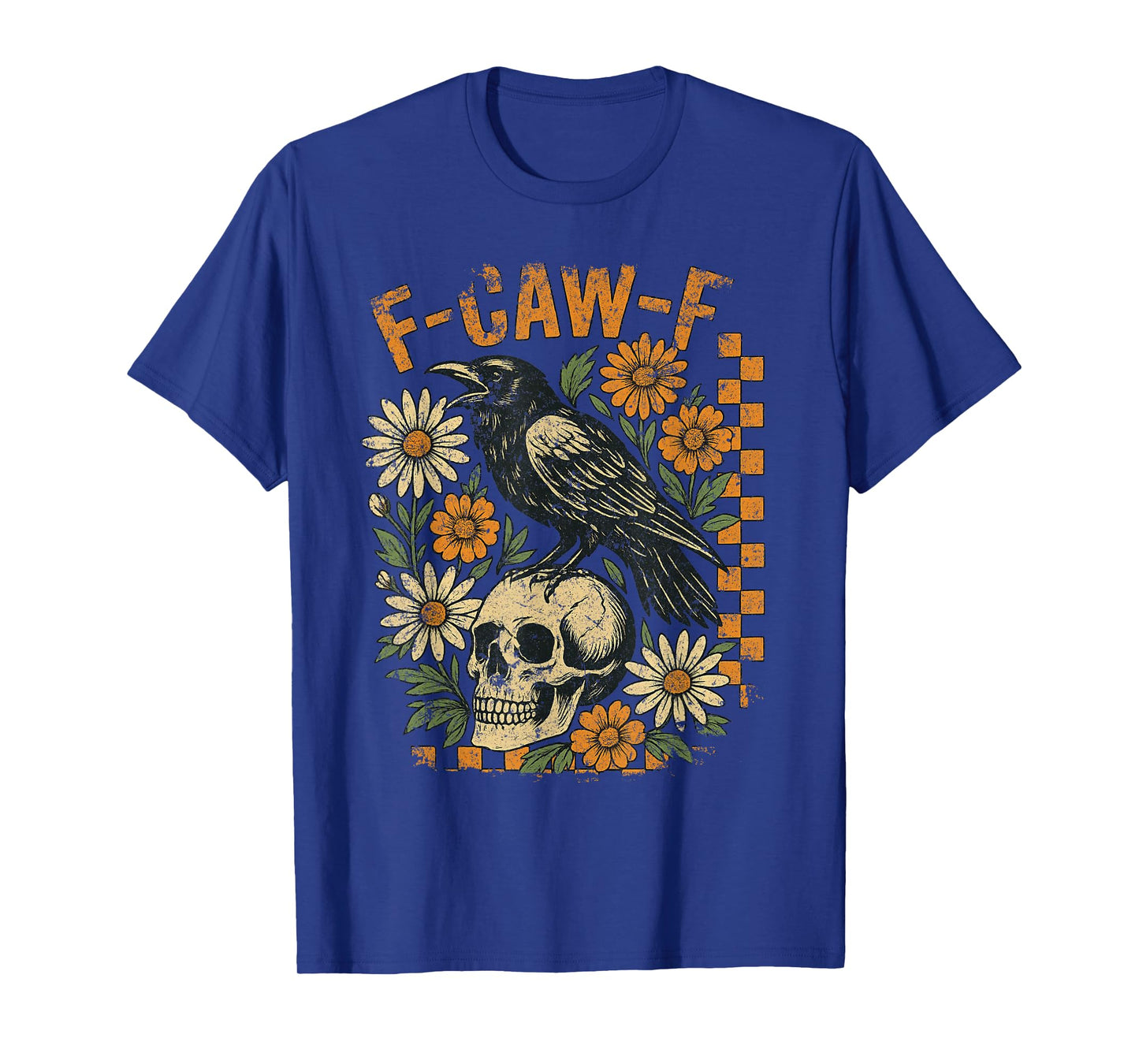 Raven Crow F-Caw-F Tee Halloween Skull Boho Flower Checkered T-Shirt