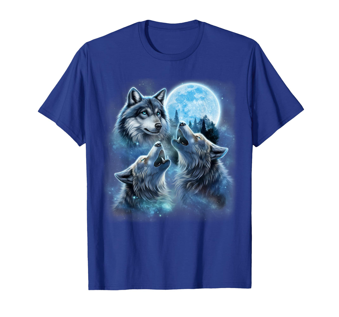 Three Majestic Wolf Engulfed in Galaxy Clouds Under Icy Moon T-Shirt
