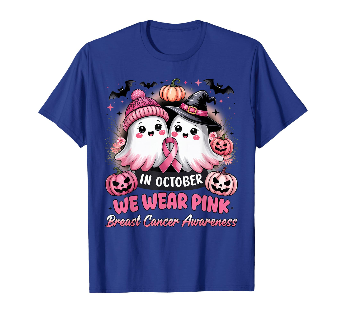 in October We Wear Pink Ghost Witch Breast Cancer Awareness T-Shirt