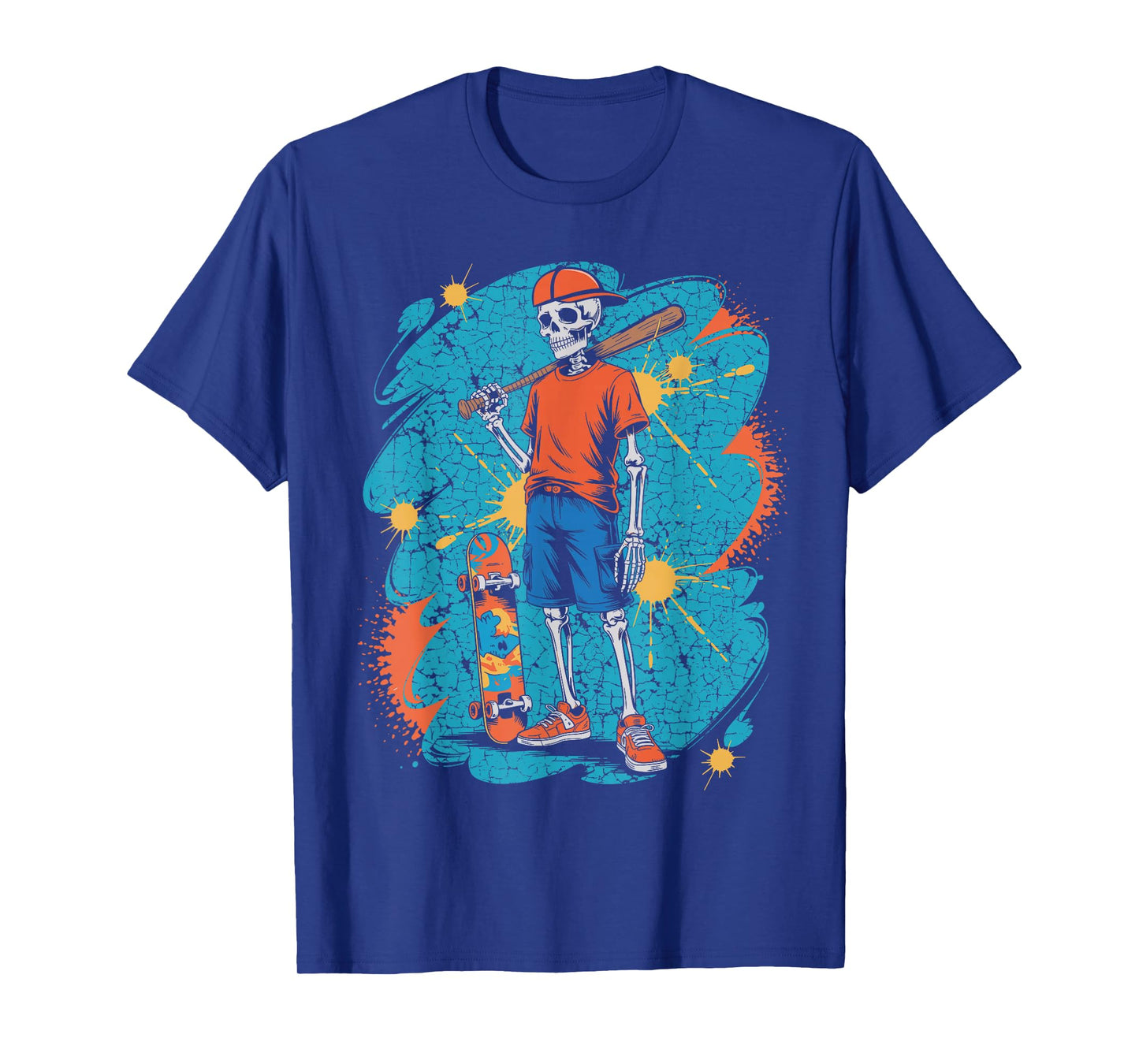 Halloween Skeleton Baseball Skateboard Teen Street Graphic T-Shirt