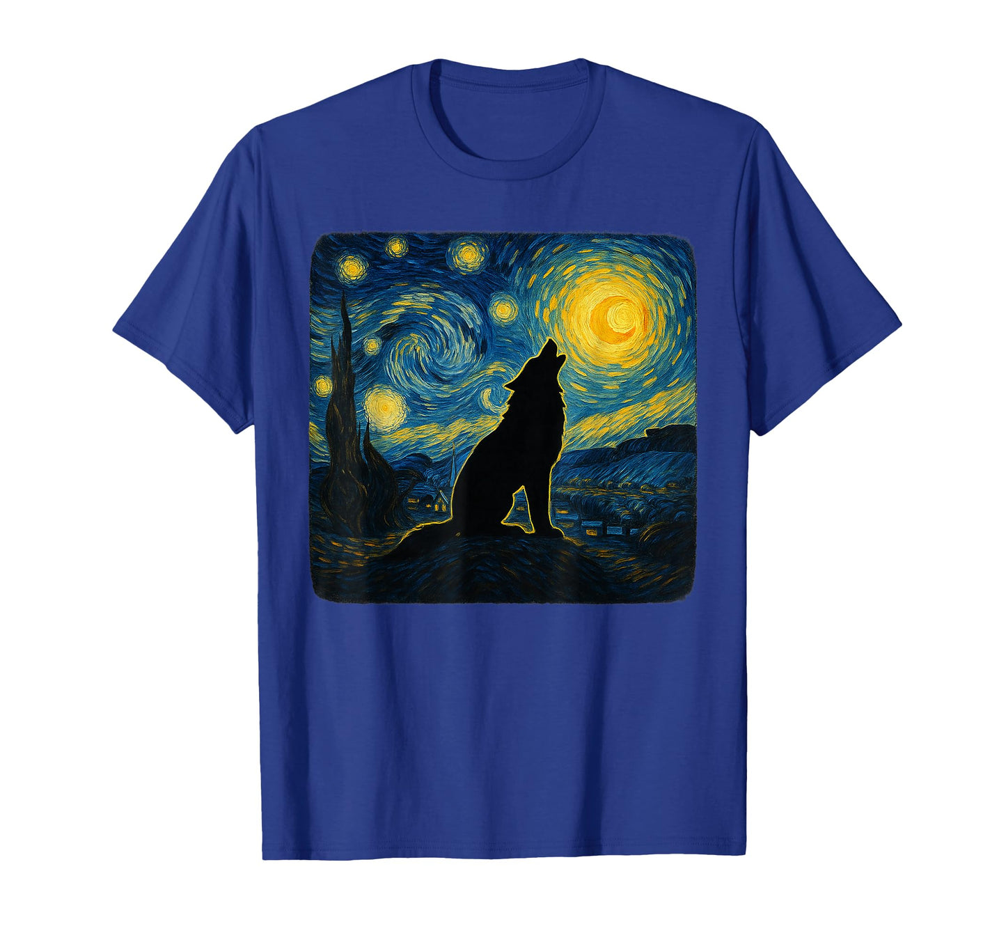 Starry Night Van Gogh Wolf Howling Moon Funny Graphic T-Shirt