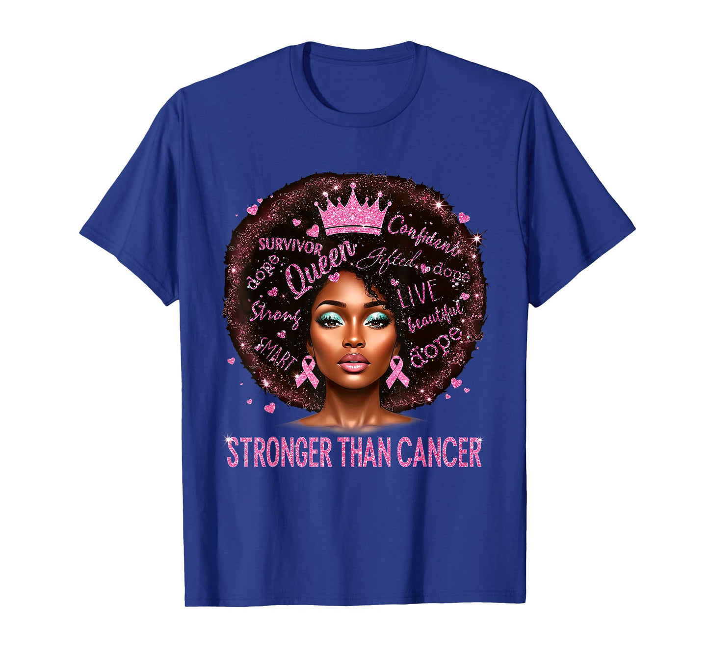 Black Women Queen Stronger Than Breast Cancer Pink Ribbon T-Shirt
