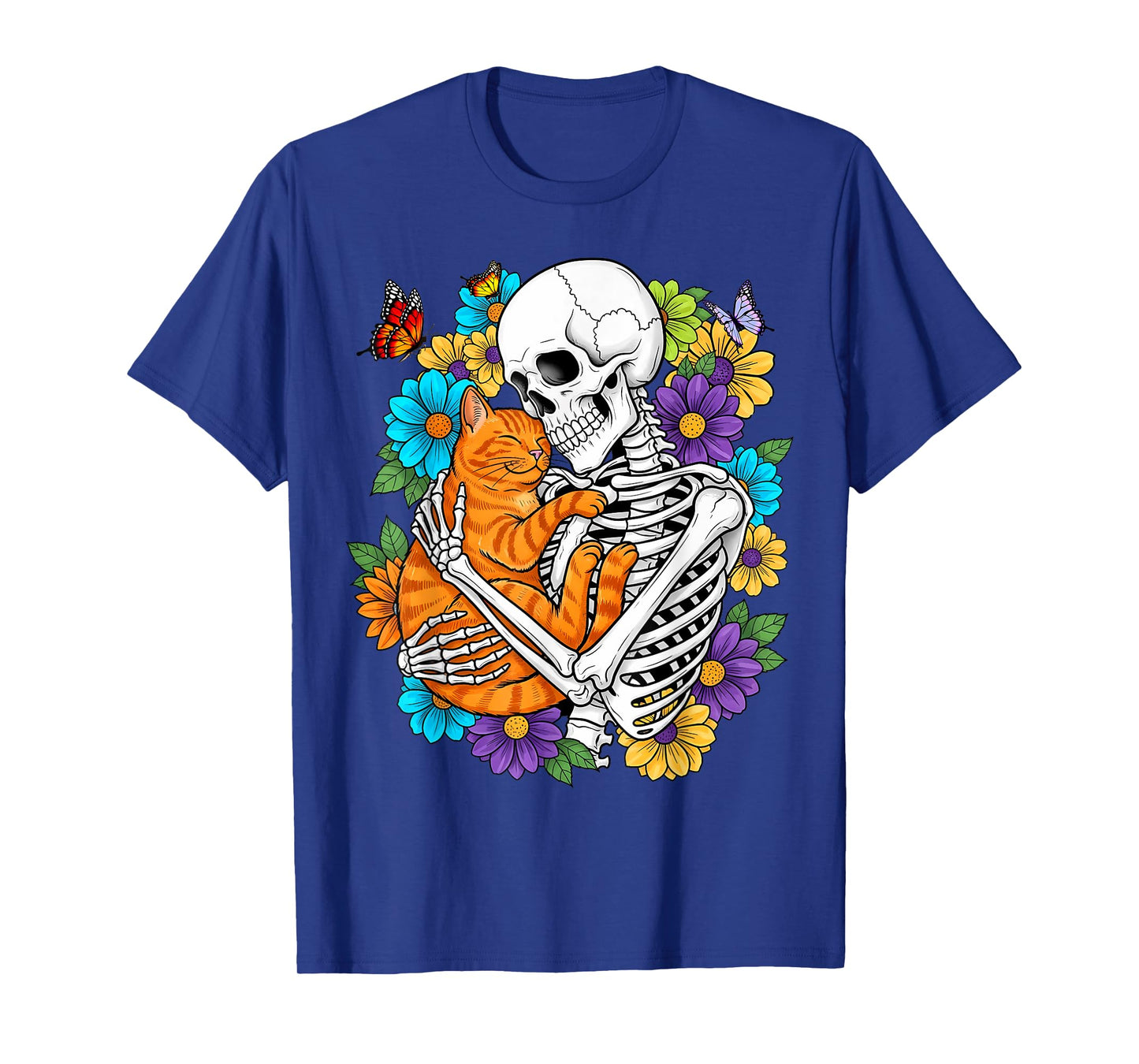 Halloween Skeleton Cat Hug Flowers Costume Women Girls Kids T-Shirt