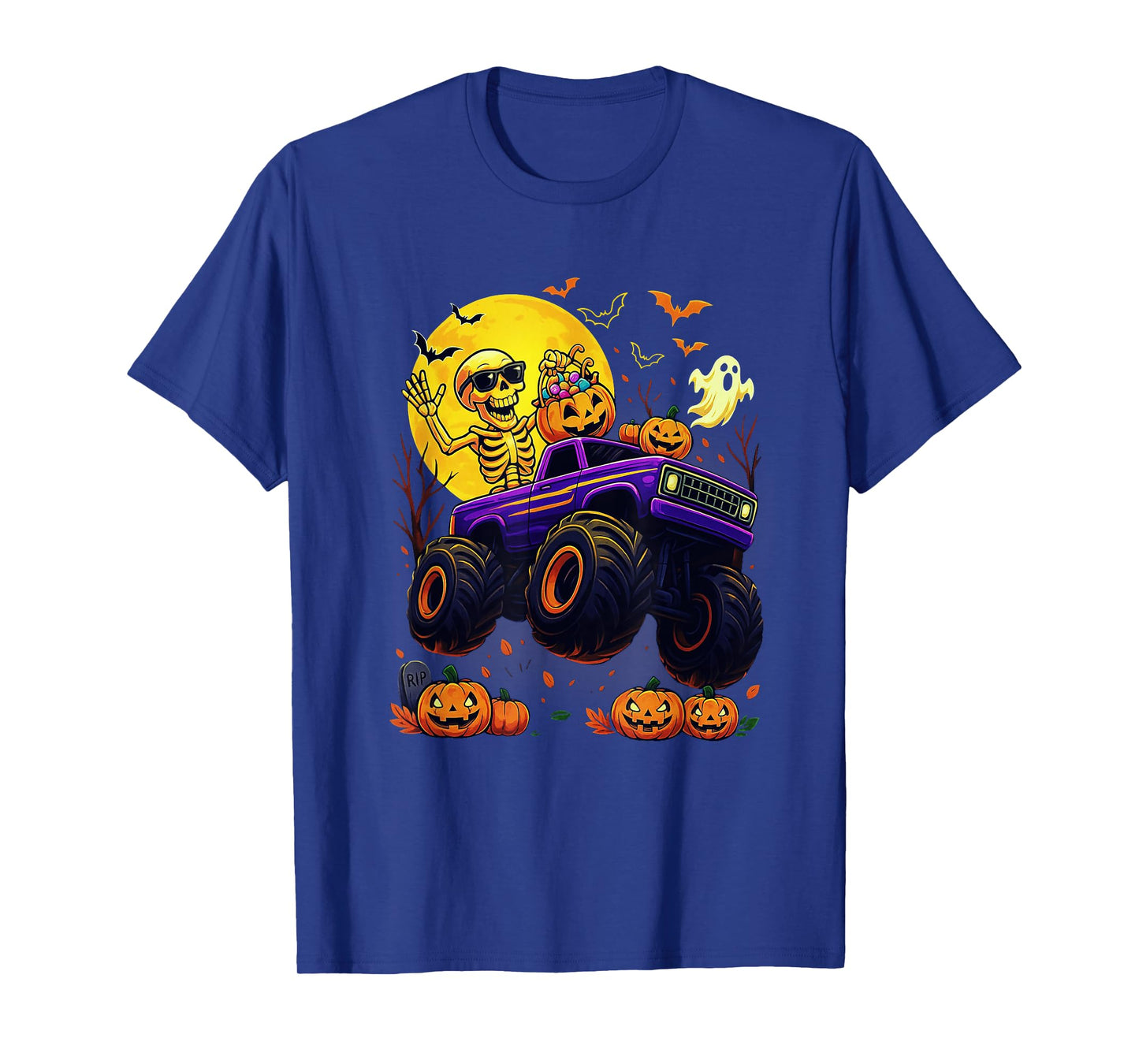Spooky Skeleton Riding Monster Truck Halloween Men Boy Kid T-Shirt