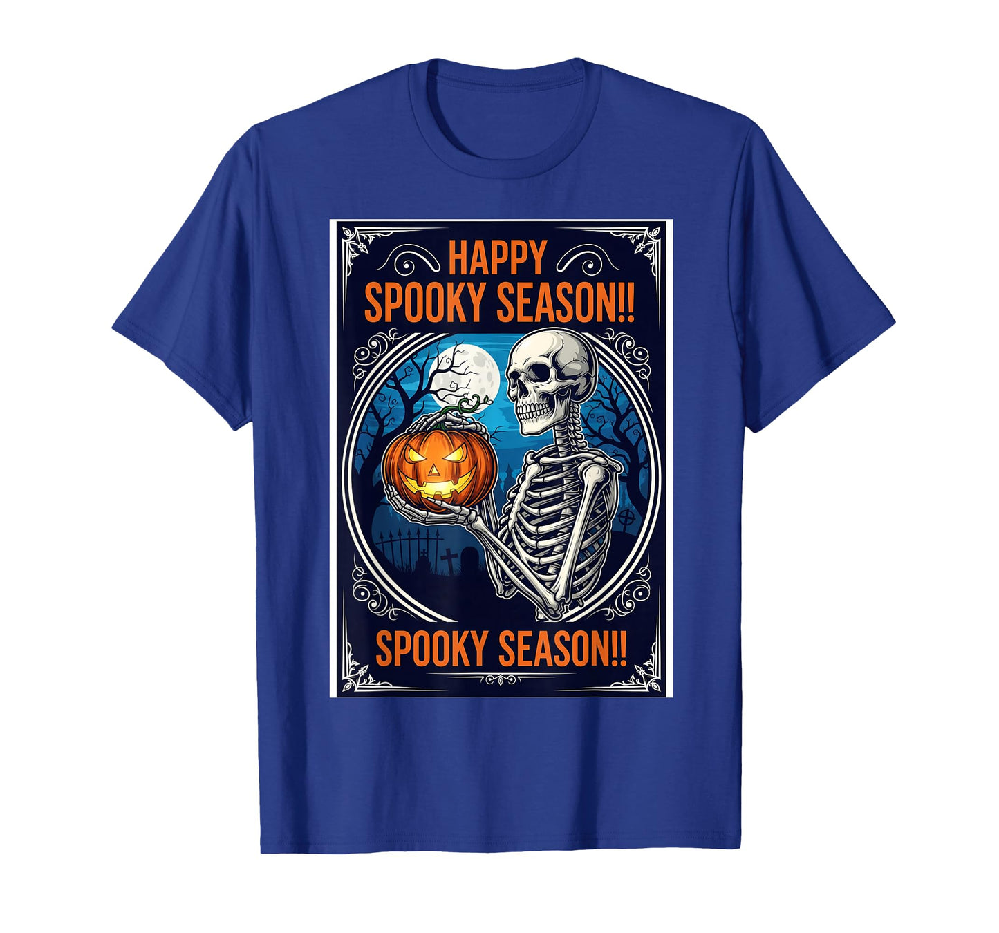 Skeleton Holding Pumpkin Lantern with Full Moon and Graveyar T-Shirt