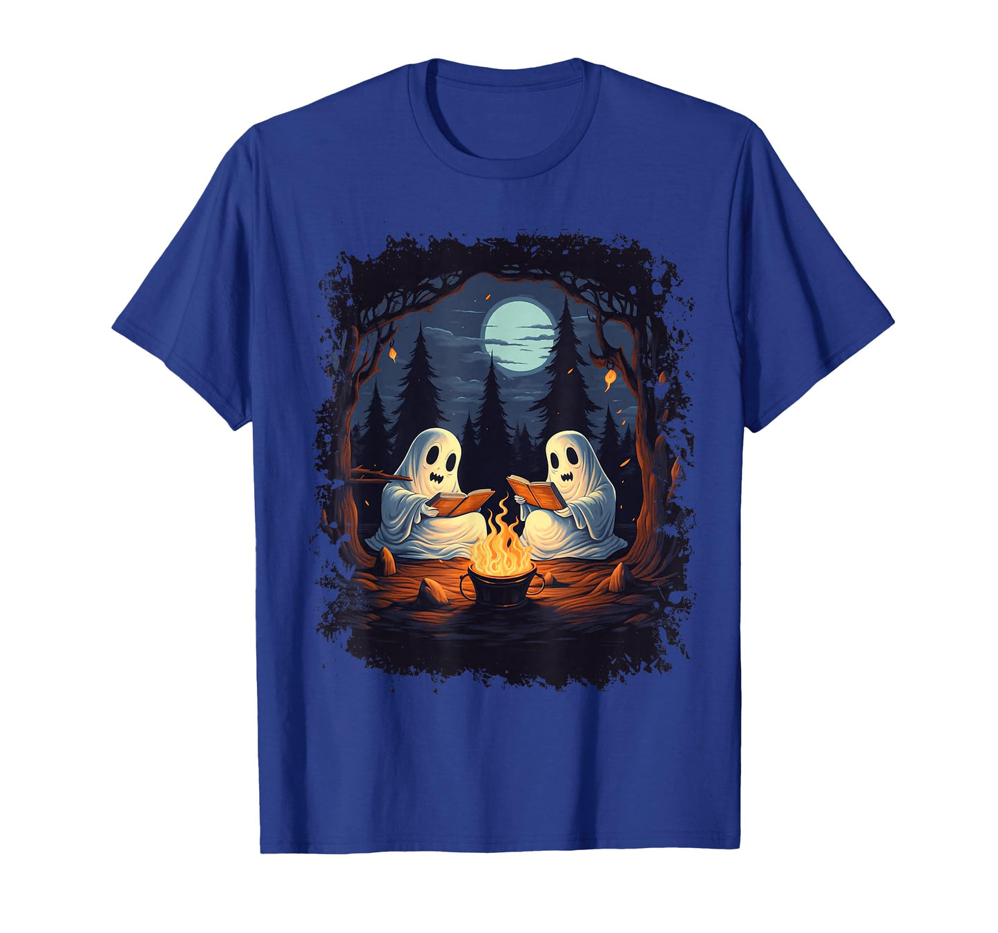 Retro Ghost Reading Books Camping Campfire Gothic Halloween T-Shirt