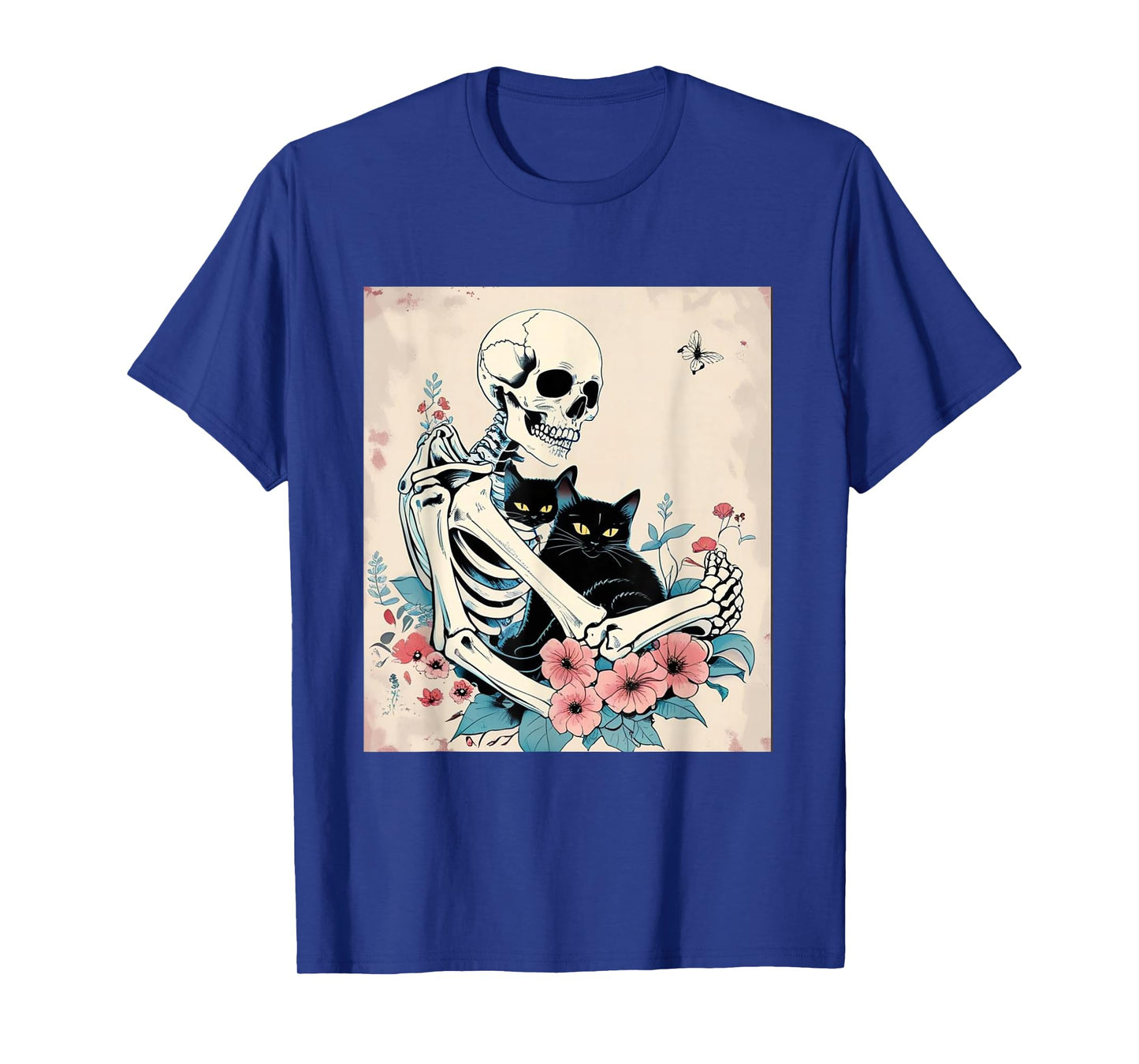โHalloween Skeleton with Black Cats and Floral Design T-Shirt