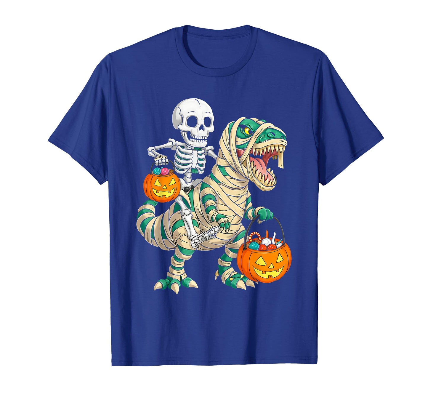 Skeleton Riding Mummy Dinosaur T rex Halloween Funny Pumpkin T-Shirt