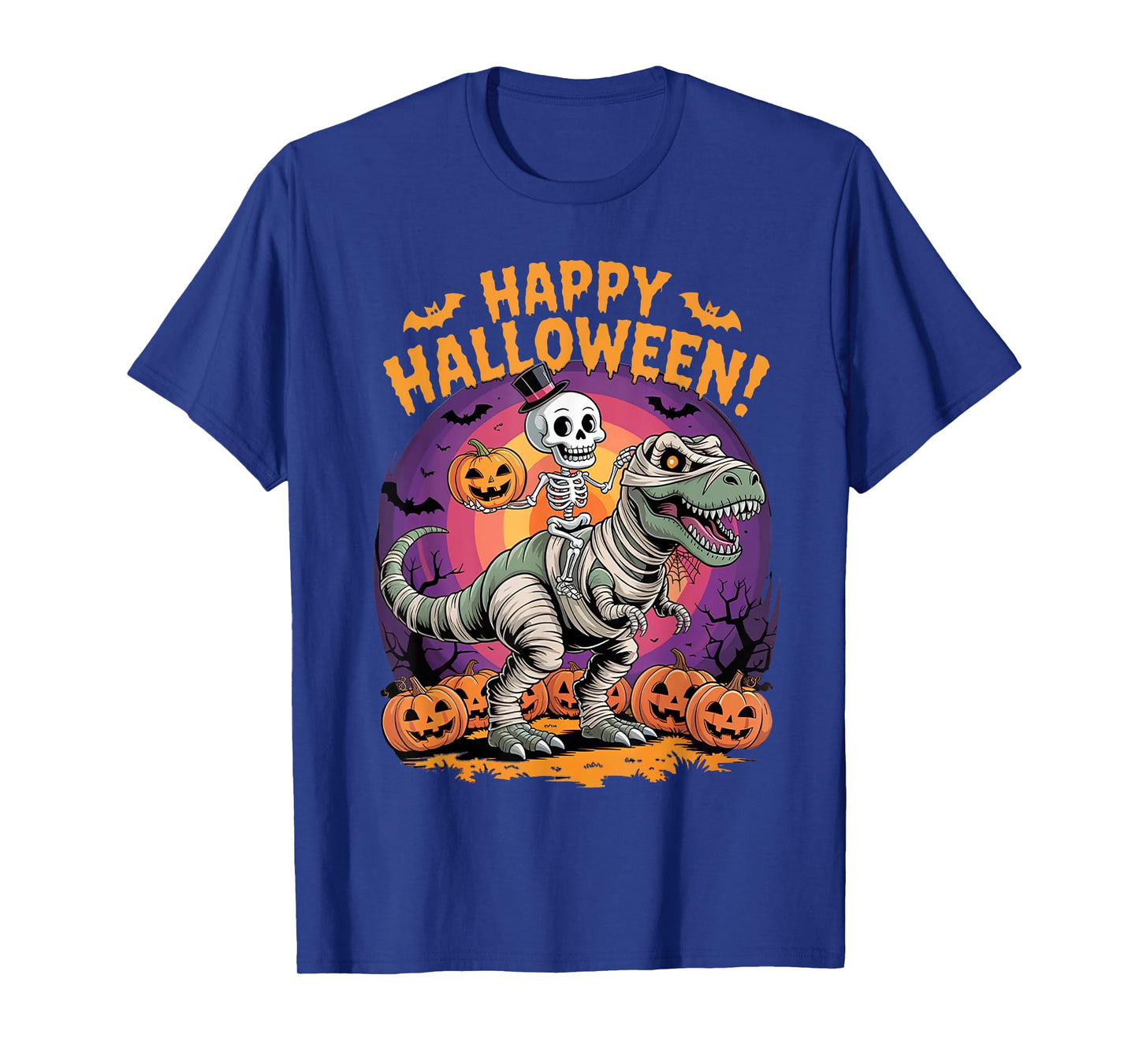 Mummy Skeleton Riding Dinosaur T Rex Kids Boys Men Halloween T-Shirt