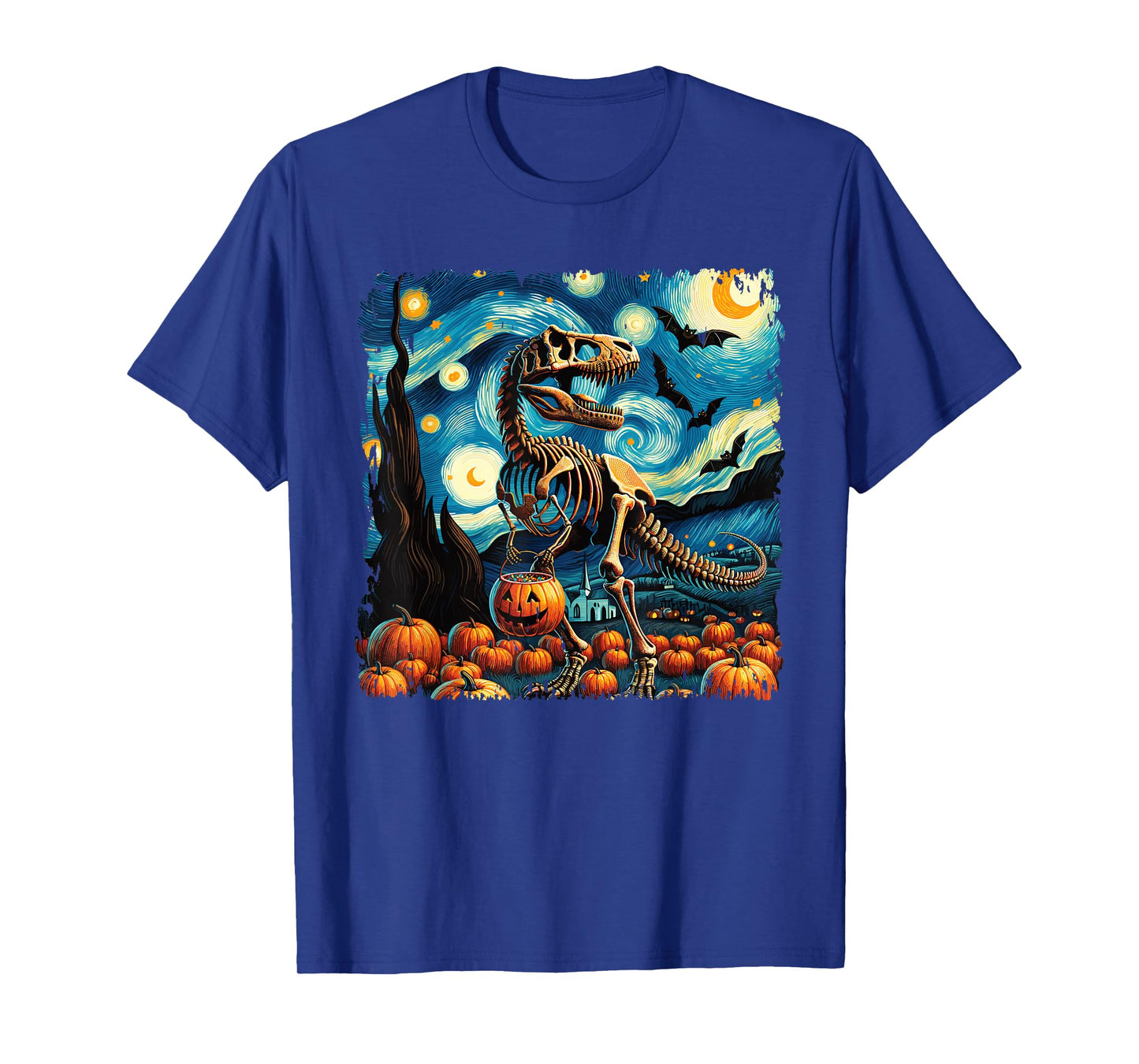 T-Rex Skeleton Halloween Van Gogh Starry Night Fall Pumpkin T-Shirt