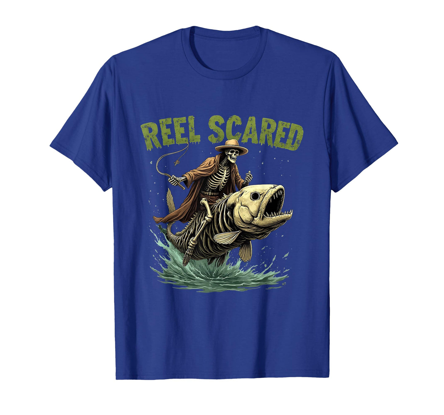 Fisherman Skeleton Funny Retro Reel Scared Halloween Fishing T-Shirt