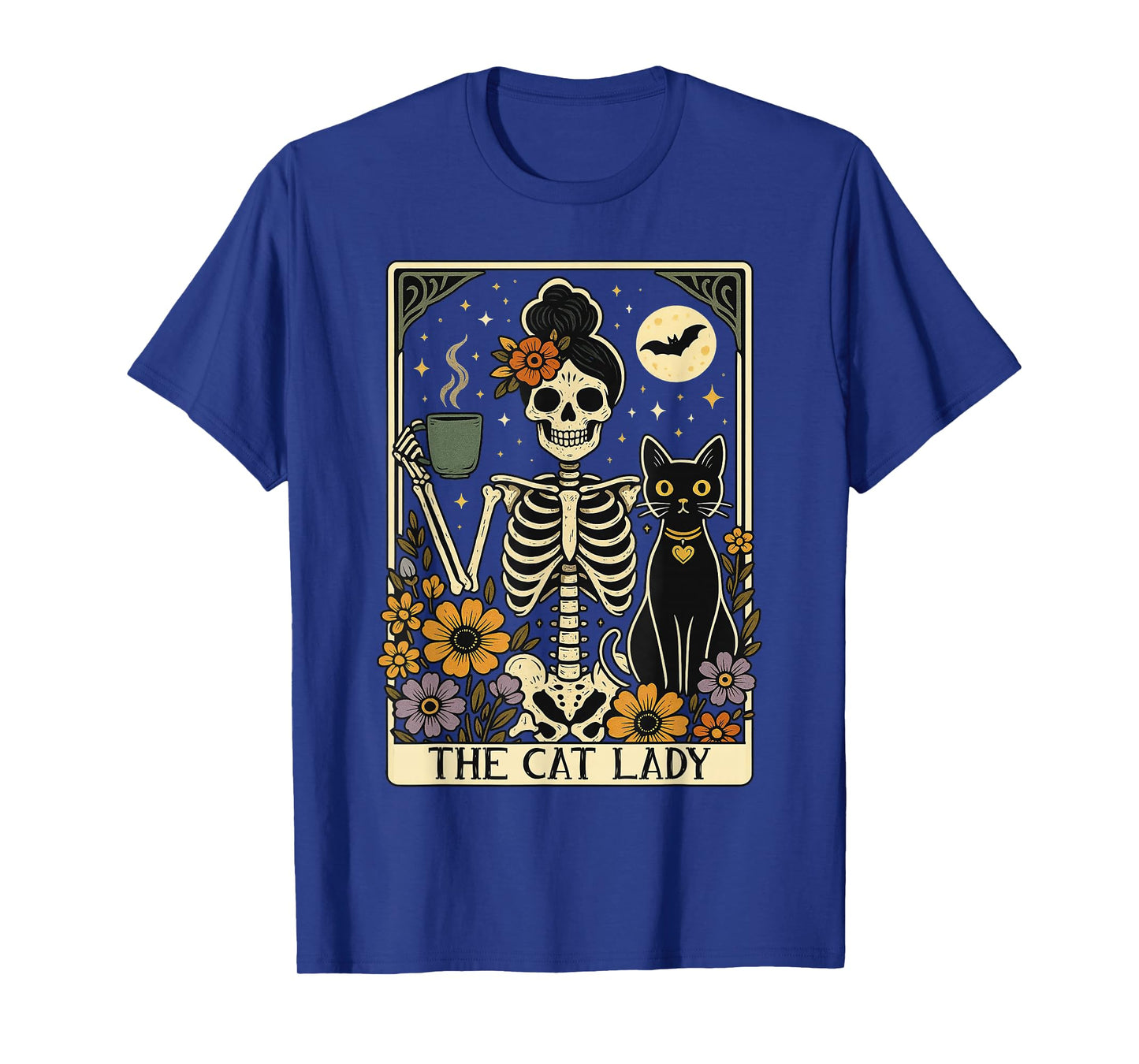 Mystic Skeleton The Cat Lady with Coffee Tarot Card Vibes T-Shirt