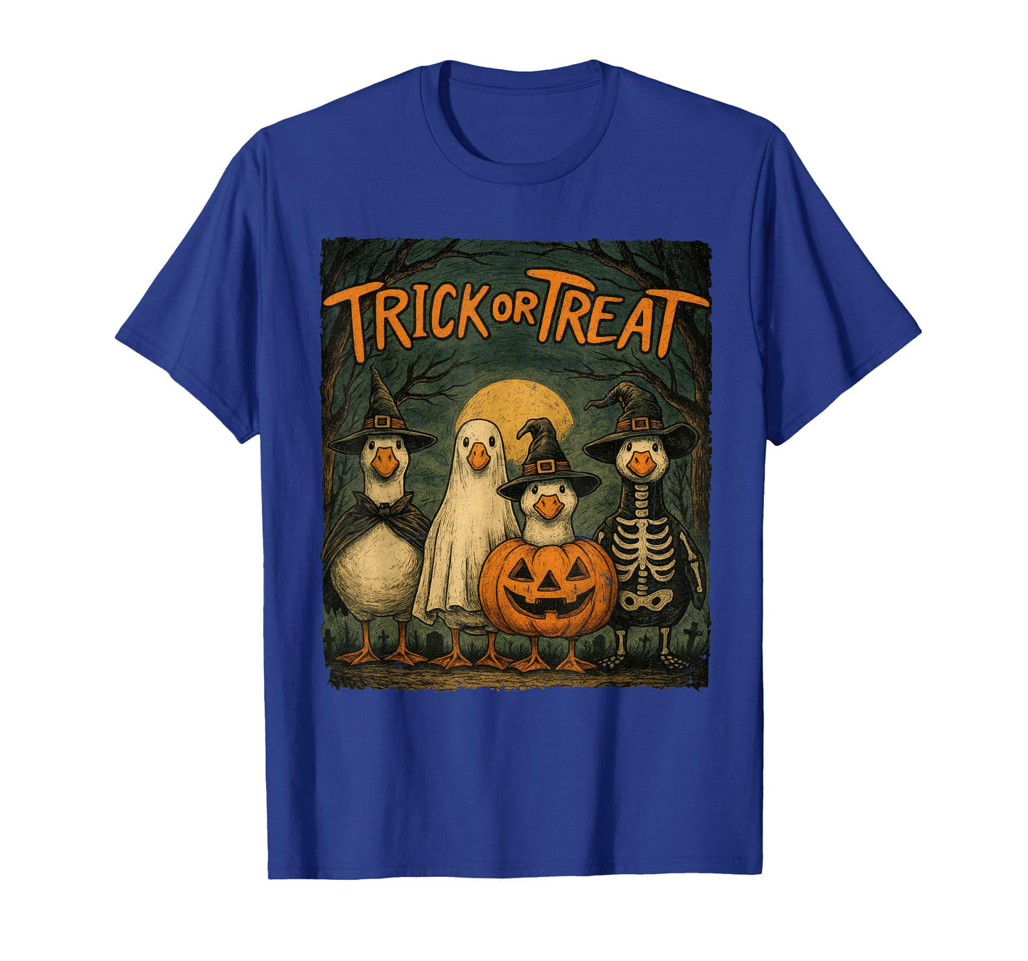 Trick or Treat Funny Halloween Goose Pumpkin Ghost Skeleton T-Shirt