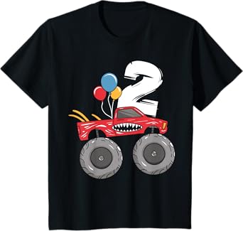 Kids Monster Truck Shark 2nd Birthday Boy 2 Two Year Old Boys Kid T-Shirt