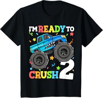 Kids Monster Truck Shark 2nd Birthday Boy Toddler 2 Two Year Old T-Shirt
