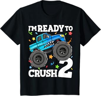 Kids Monster Truck Shark 2nd Birthday Boy Toddler 2 Two Year Old T-Shirt