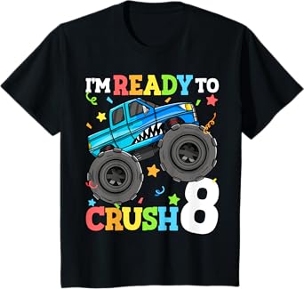 Kids Monster Truck Shark 8th Birthday Boy 8 Eight Year Old T-Shirt