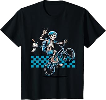 Kids Boy Skeleton Riding on a BMX Bike and Popping a Wheelie T-Shirt