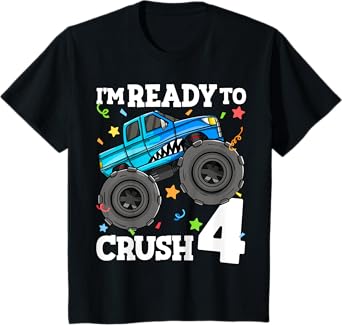 Kids Monster Truck Shark 4th Birthday Boy Toddler 4 Four Year Old T-Shirt