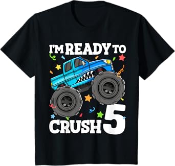 Kids Monster Truck Shark 5th Birthday Boy I'm Ready To Crush 5 T-Shirt