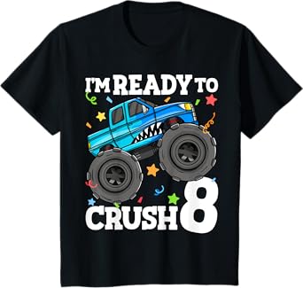 Kids Monster Truck Shark 8th Birthday Boy 8 Eight Year Old T-Shirt