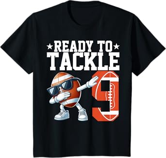 Kids Ready to Tackle 9 Years Old 9th Birthday Football Party T-Shirt