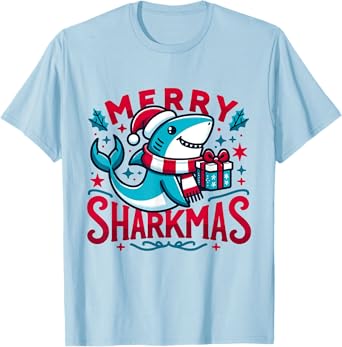 Merry Sharkmas Cute Shark Christmas Pajamas Boys Girl Winte T-Shirt