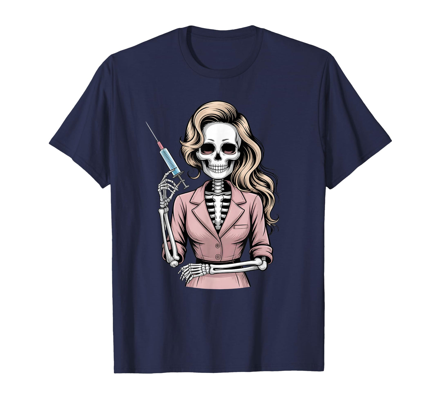 Halloween Gothic Skeleton Beautician Nurse with Syringe T-Shirt