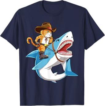 Cat Riding Shark Funny Cowboy Boys Girls Kitty Kitten Lover T-Shirt