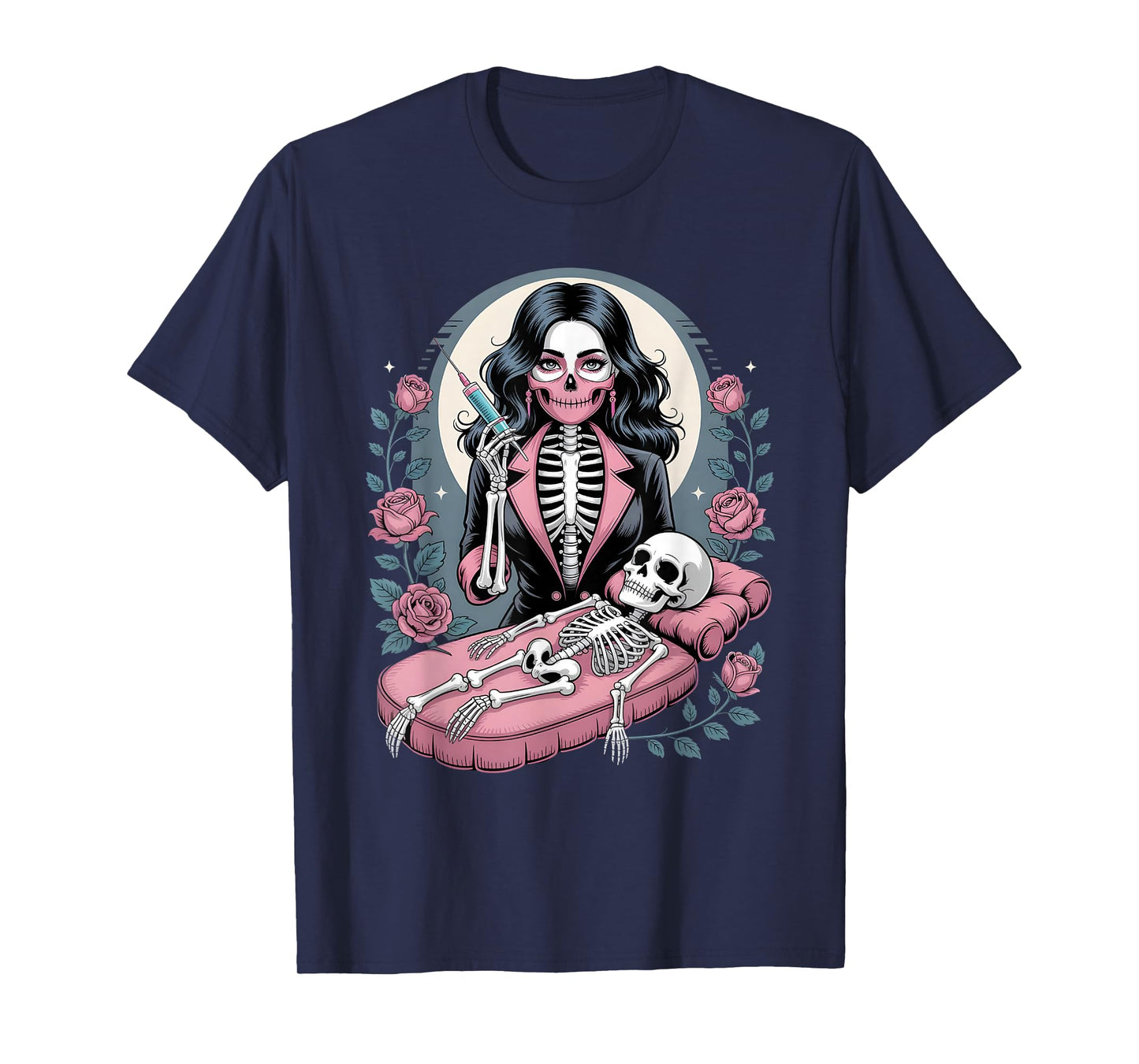 Halloween Gothic Skeleton Beautician with Syringe T-Shirt